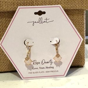 NWT Juilliet brand gemstone earrings- gold tone leverback w/ genuine Rose Quartz